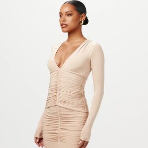 Naked Wardrobe NWT Tan Ruched Long Sleeve Top